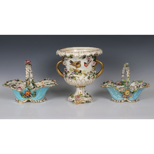 2098 - A Rockingham porcelain campana-shaped vase with twin handles, circa 1830-42, encrusted with applied ... 