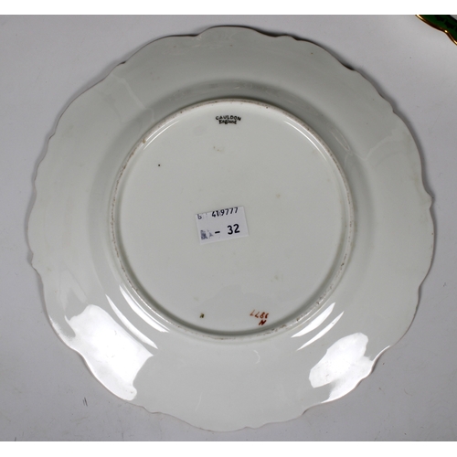 2108 - Six Cauldron, England, porcelain dessert plates, wavy edged green border, decorated with pink roses ... 