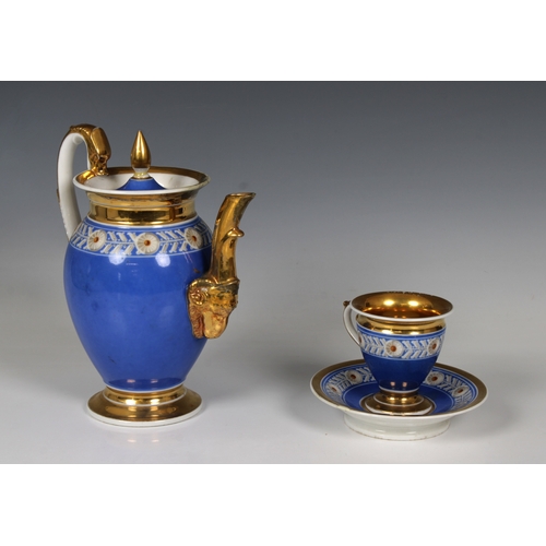 2111 - A Continental, Empire style, porcelain chocolate pot with matching cup & saucer, blue ground with gi... 