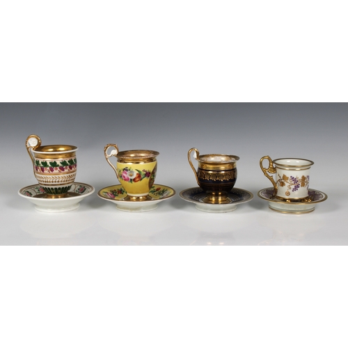 2117 - Four assorted Continental French Empire style porcelain chocolate cups & saucers, variously decorate... 