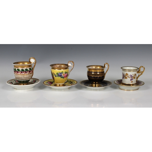 2117 - Four assorted Continental French Empire style porcelain chocolate cups & saucers, variously decorate... 