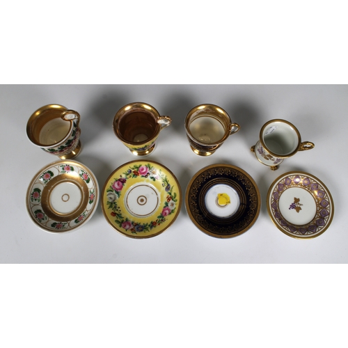 2117 - Four assorted Continental French Empire style porcelain chocolate cups & saucers, variously decorate... 