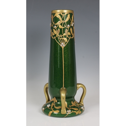 2130 - An Art Nouveau, Montjoie Saint-Denis, green glass vase with three lug handles to base, decorated wit... 