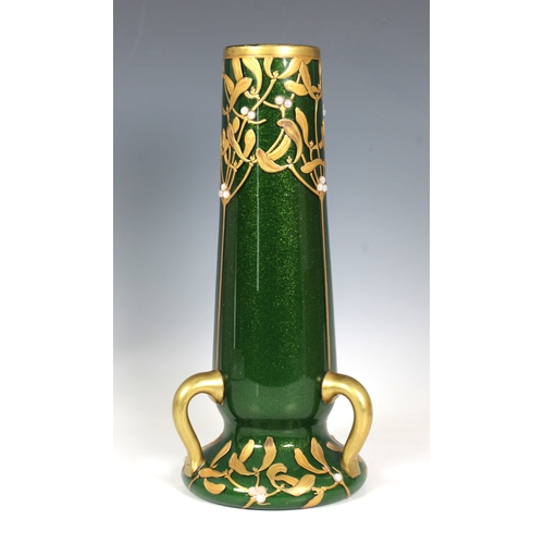 2130 - An Art Nouveau, Montjoie Saint-Denis, green glass vase with three lug handles to base, decorated wit... 