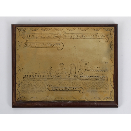 2154 - A trench art brass plaque depicting HMS Lizard, (Acheron Class Destroyer, launched in 1911), mounted... 