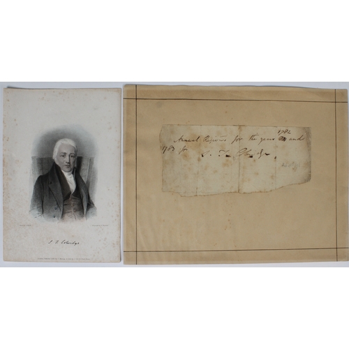 2201 - [Autograph] Coleridge, Samuel Taylor (English, 1772-1834), signature in sepia ink on an extract from... 