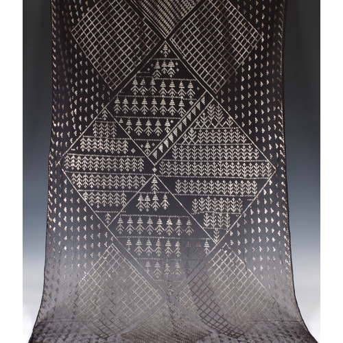 2242 - Egyptian Assuit silver and black net shawl, with overall silver appliqu? diamond, figural and foliat... 