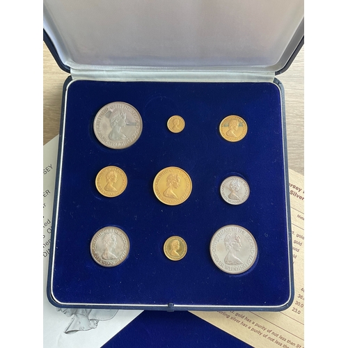 2265 - A cased 1972 Jersey Royal Wedding Anniversary Gold and Silver coin set, the 22ct gold coins comprisi... 