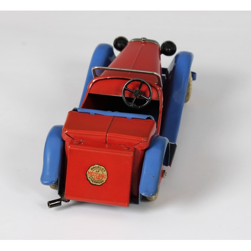 2360 - Meccano clockwork tinplate Two-Seater Sports Car, with red body and hubs and blue wheel arches, bump... 