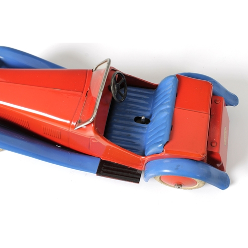 2360 - Meccano clockwork tinplate Two-Seater Sports Car, with red body and hubs and blue wheel arches, bump... 