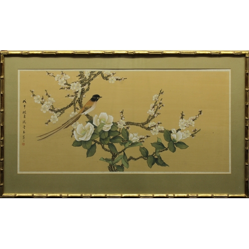 823 - A pair of Chinese paintings on silkBoth depicting songbirds at rest upon blossoming tree branches, i... 