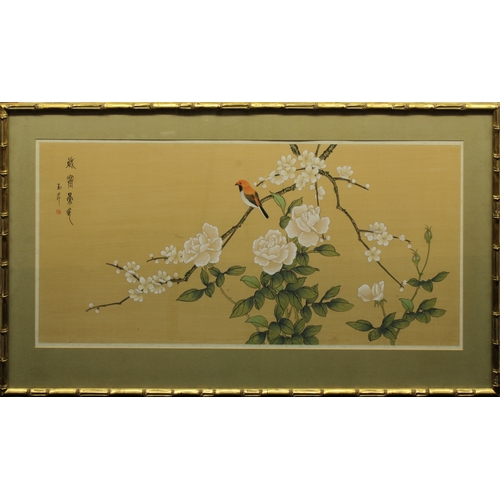 823 - A pair of Chinese paintings on silkBoth depicting songbirds at rest upon blossoming tree branches, i... 