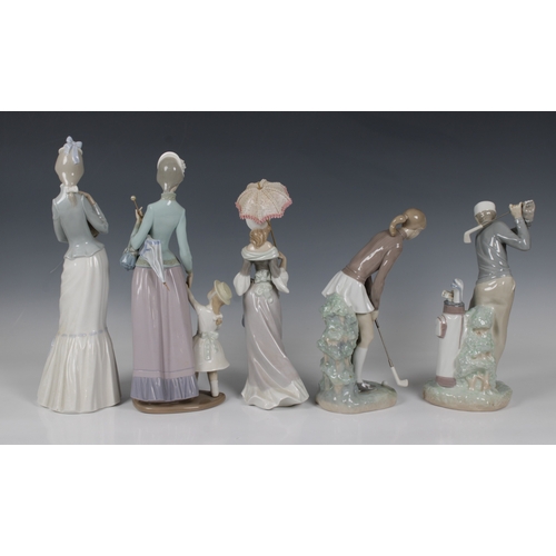 2016 - Five large boxed Lladro figurines, to include a lady holding a parasol and child beside her, 1353; L... 