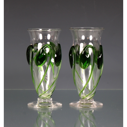 2131 - A pair of Art Nouveau glass "peacock" vases with tear drop in green, possibly Stuart & Son... 