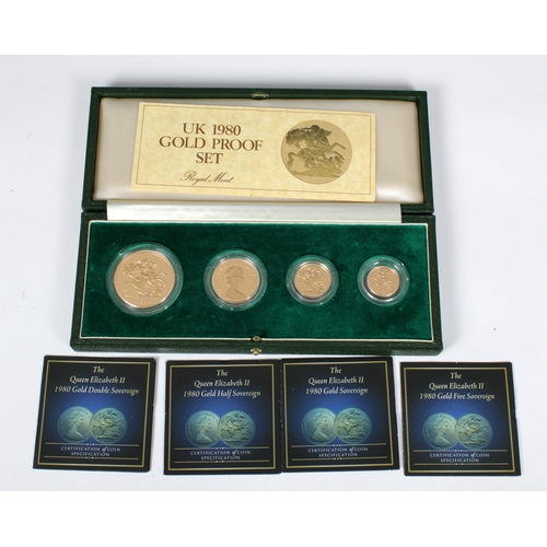 54 - Royal Mint - UK 1980 Gold Proof Sovereign Setcomprising of Five-Pounds, issue limit 10000; Two-Pound... 