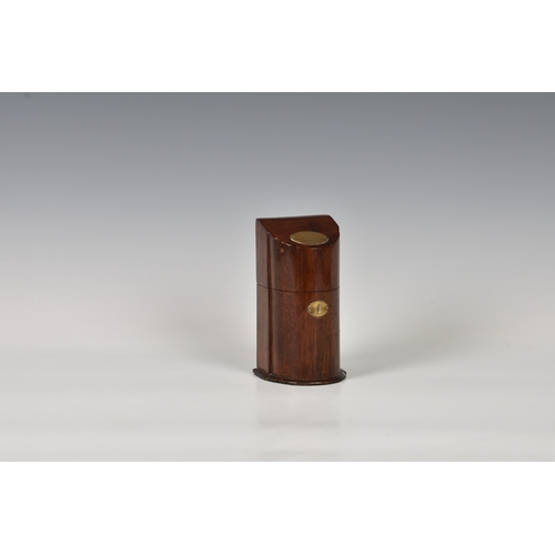 100 - A novelty table lighter fashioned as a mahogany knife box having faux key escutcheon to front, the h... 