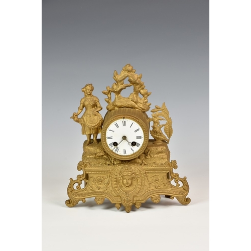 143 - A French gilt spelter mantel clock early 20th century, the Marti movement with outside countwheel be... 