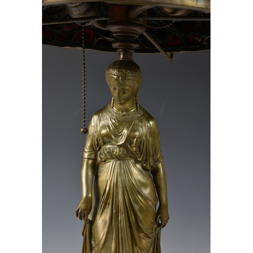 145 - After Francois Mage (French, d.1910) A Tiffany style classical maiden bronze table lamp, raised on s... 