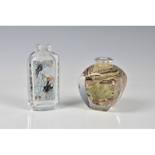 169 - Two Chinese inside painted glass snuff bottles 20th century, one of tapered, square form, painted wi... 