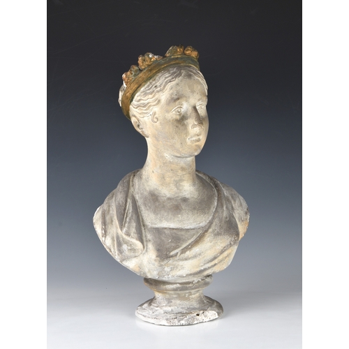 172 - A 19th century painted plaster bust of the young Queen Victoria the crown painted in gilt, remnants ... 