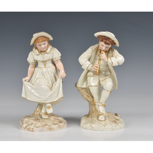 205 - A pair of Royal Worcester figural spill vases circa 1885 in the form of a young couple, the girl wea... 