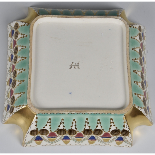 206 - A Continental gilded and hand decorated square bonbon dish with inverted corners, painted and impres... 