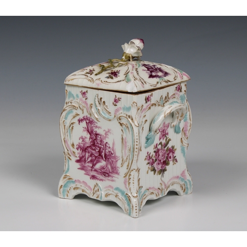 216 - A KPM Berlin porcelain Rococo style lidded knaster box having a rosebud finial, two applied handles ... 