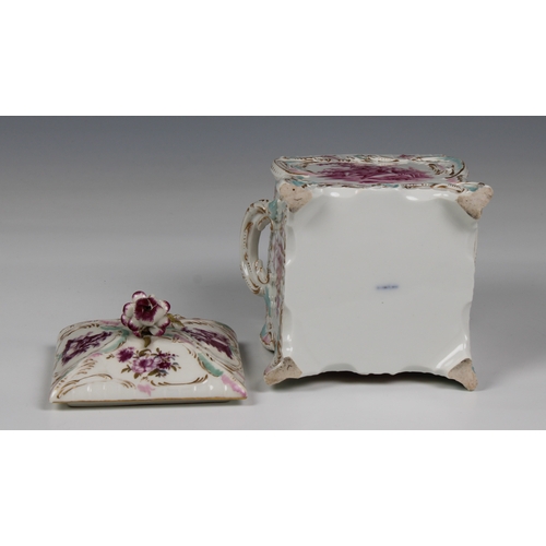 216 - A KPM Berlin porcelain Rococo style lidded knaster box having a rosebud finial, two applied handles ... 