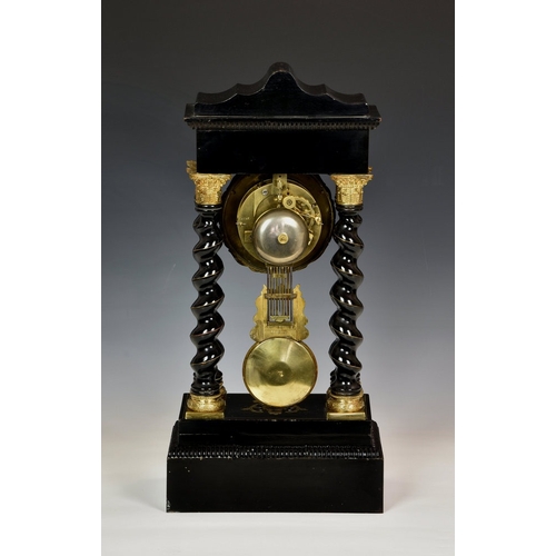 22 - Villemsens á Paris, a gilt and inlaid portico mantel clock 19th century, French, the twin train move... 