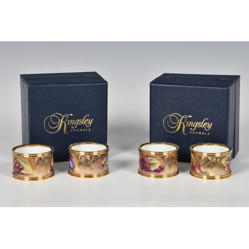 246 - Two boxed pairs of Kingsley Enamels napkin rings by S. Smith hand painted in enamels with fruit, sig... 