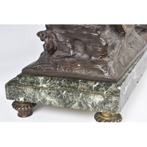 247 - A French bronzed spelter and marble mantel clock late 19th century, the figure of a seated female mu... 