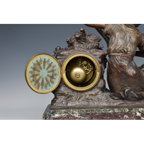 247 - A French bronzed spelter and marble mantel clock late 19th century, the figure of a seated female mu... 