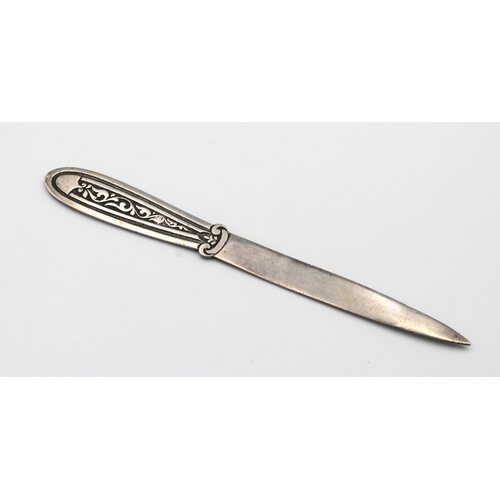 308 - A Greek silver 800 letter opener the handle depicting the Parthenon, 18cm.