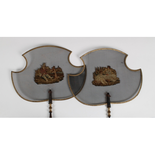 321 - A pair of 19th century hand held screens metal mesh with gilded edges, embroidered decoration and tu... 