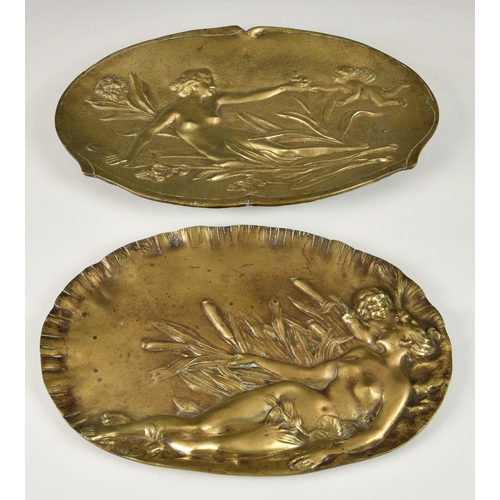 36 - After Èmile Vernier (1852-1927) An Art Nouveau polished bronze tray, depicting a nude maiden lying a... 