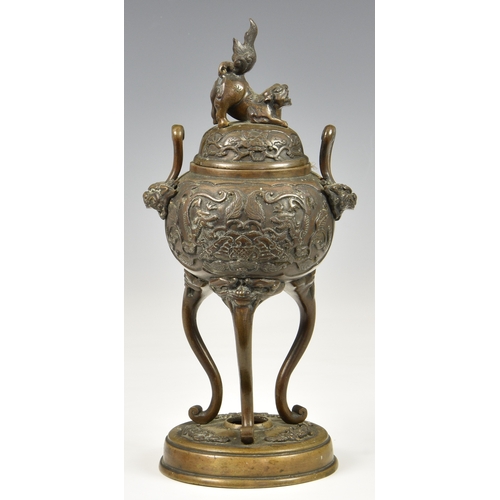 37 - A Chinese bronze censor probably 20th century, pull-off domed cover with foo dog finial, the two res... 