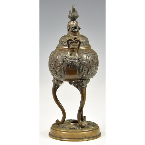 37 - A Chinese bronze censor probably 20th century, pull-off domed cover with foo dog finial, the two res... 