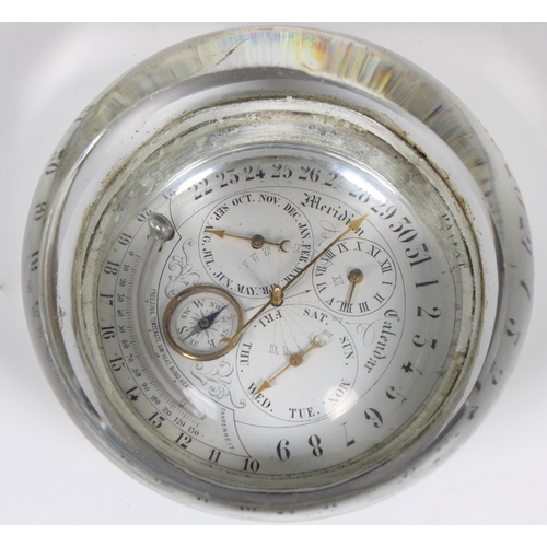 401 - A rare Victorian patent "Meridian Calendar" glass paperweight c. 1880, the face with dials... 