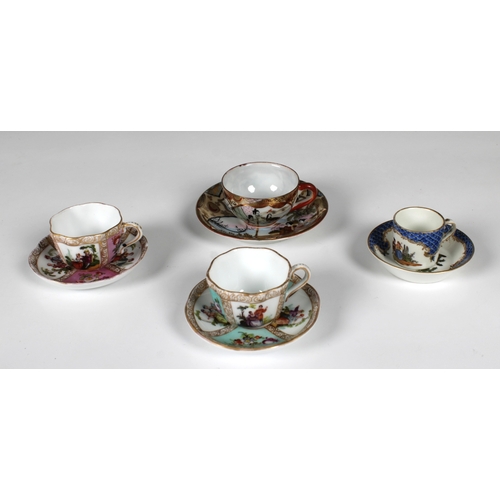 467 - Four miniature porcelain cups and saucers various underglaze factory marks beneath for Meissen, Hele... 