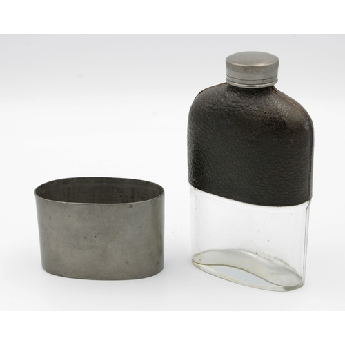 536 - A mid 20th century Bentley branded pewter and green leather mounted screw top hip flask with applied... 