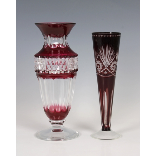 557 - A Val Saint Lambert clear and cranberry cut crystal vase signed beneath, 25cm. high, together with a... 