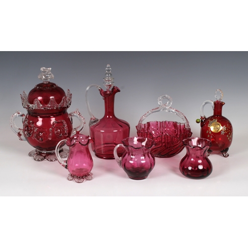 558 - A collection of Victorian ruby red glassware to include a twin handle red and clear glass biscuit ba... 