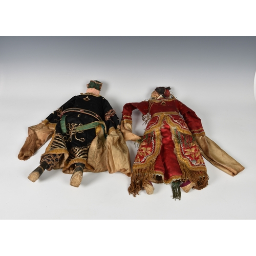 56 - Two antique Chinese opera dolls, carved wood with painted gesso features probably early 20th century... 