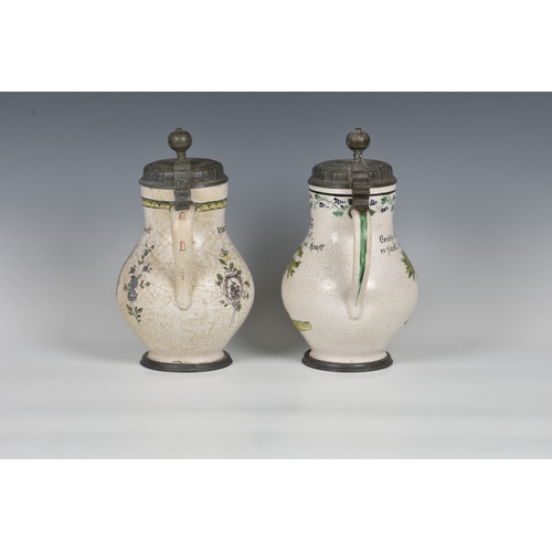 57 - Two 19th century German pewter mounted ceramic stein bulbous, baluster form, the first depicting a s... 