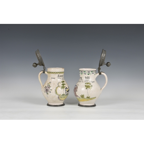 57 - Two 19th century German pewter mounted ceramic stein bulbous, baluster form, the first depicting a s... 