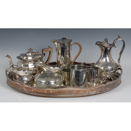 597 - A group of plated ware including an EPNS cylindrical hot water pot, with basket weave handle and fru... 