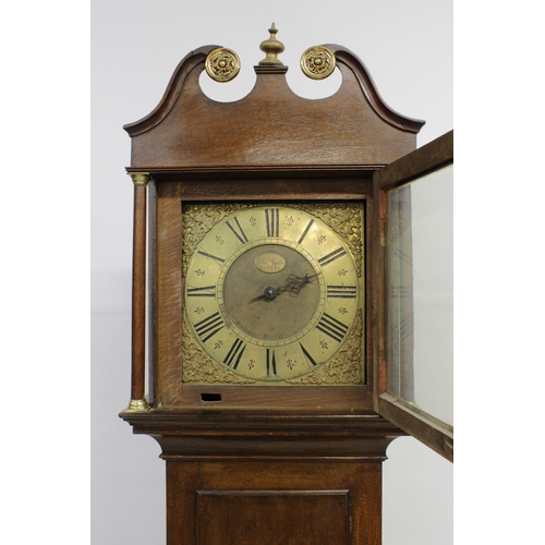 598 - A George III style oak longcase clock the hood with swan neck pediment, gilded roundels and knop fin... 