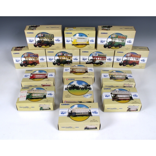 620 - A collection of fourteen boxed Corgi Classic Public Transport vehicles to include buses and trams. (... 