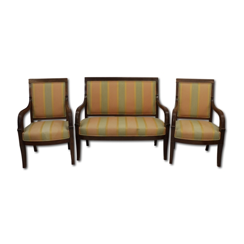 628 - A French Empire style mahogany three piece salon suite 20th century, comprising a two seater settee ... 