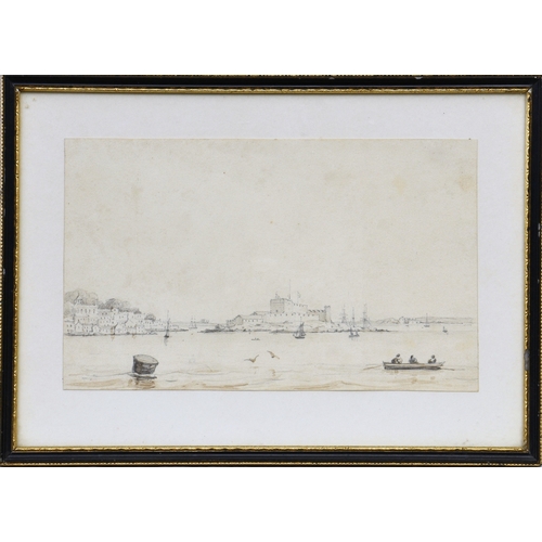 74 - English School, 19th century Coastal landscape, possibly Castle Cornet and St Peter Port, pencil ske... 